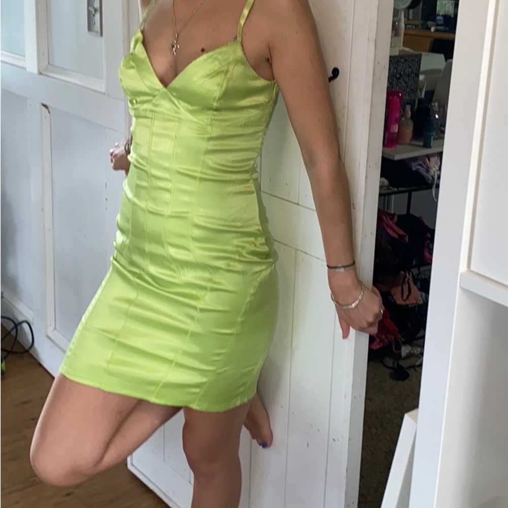 Feline | Lime Green Satin Bandage Mini Dress | Women’s small